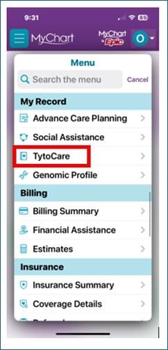MyChart Tyto Care button